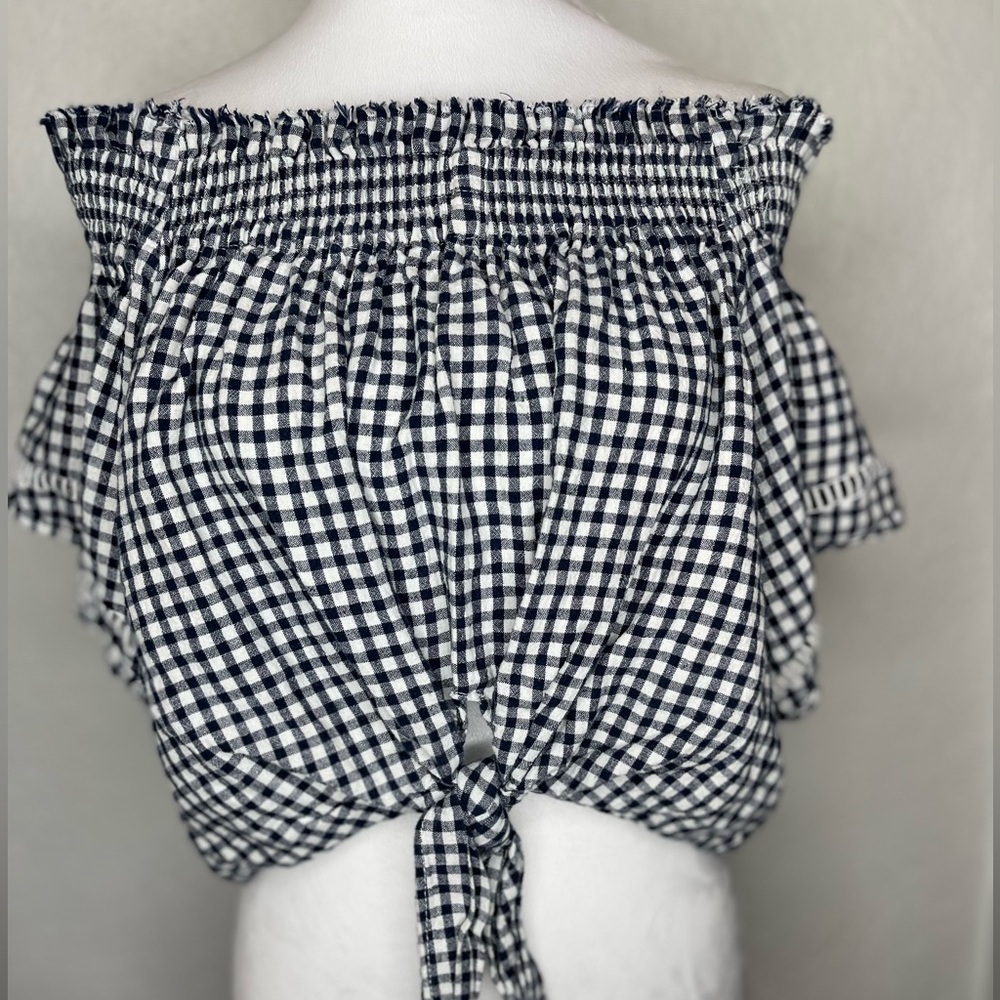 Olivaceous Black White Linen Smocked Gingham Flutter Sleeves Crop Blouse Med